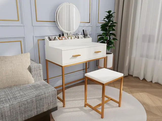 Alt view image 2 of 7 - Vanity Set with Mirror and Stool - Makeup Vanity Table with Storage Drawers and Organizer, White and Gold, Space-Saving Design for Small Bedrooms
