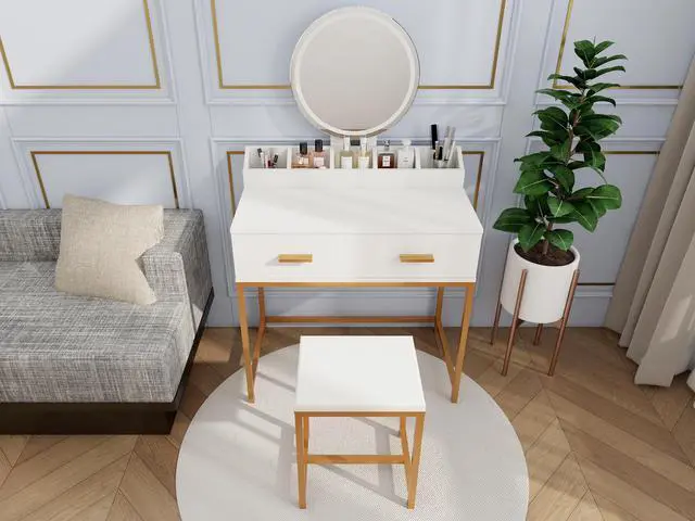 Alt view image 4 of 7 - Vanity Set with Mirror and Stool - Makeup Vanity Table with Storage Drawers and Organizer, White and Gold, Space-Saving Design for Small Bedrooms