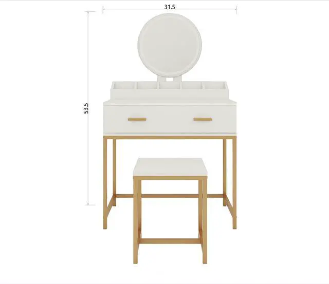Alt view image 6 of 7 - Vanity Set with Mirror and Stool - Makeup Vanity Table with Storage Drawers and Organizer, White and Gold, Space-Saving Design for Small Bedrooms