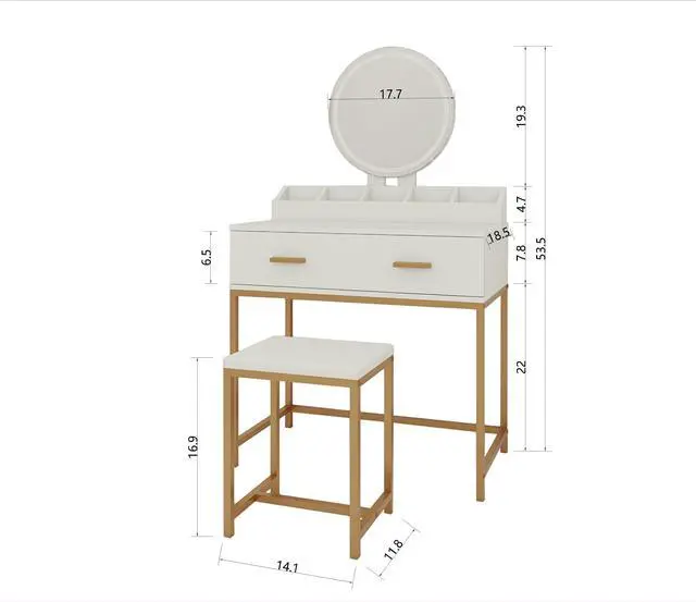 Alt view image 7 of 7 - Vanity Set with Mirror and Stool - Makeup Vanity Table with Storage Drawers and Organizer, White and Gold, Space-Saving Design for Small Bedrooms