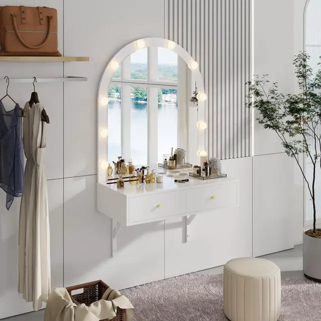 Alt view image 2 of 7 - Floating Makeup Vanity Desk with Mirror & 3-Color Lights, Wall Dressing Table with Power Outlet, Compact vanity, Large Storage, White