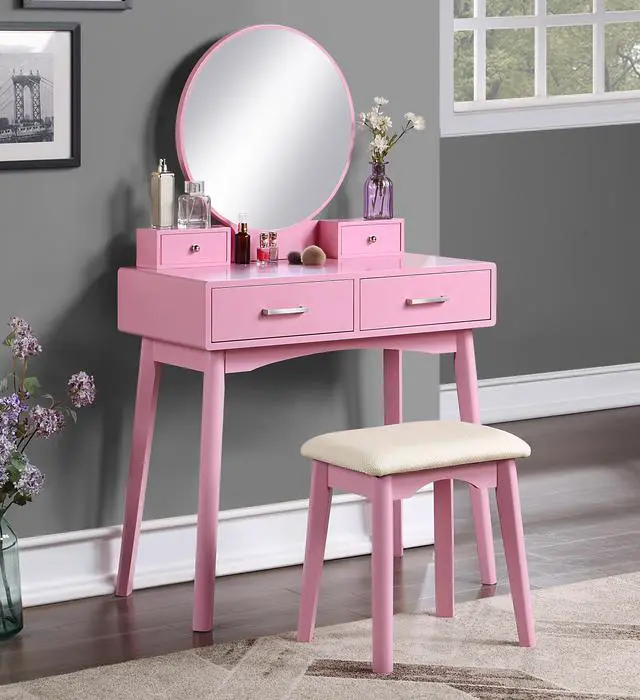 Alt view image 2 of 7 - Liannon Contemporary Wood Vanity and Stool Set, Pink