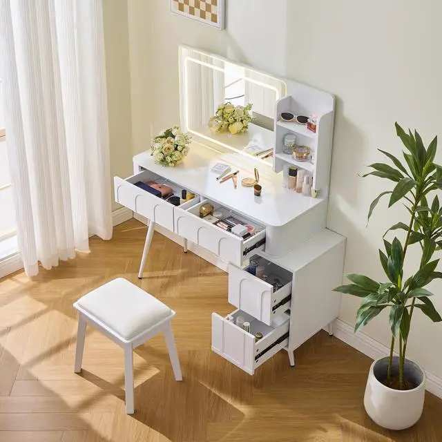 Alt view image 6 of 7 - Modern Makeup Vanity Desk with LED Lights & Mirror, 4 Drawer Dressing Table Set with Stool, 3 Colors Dimmable Brightness, Space-Saving for Bedroom, White