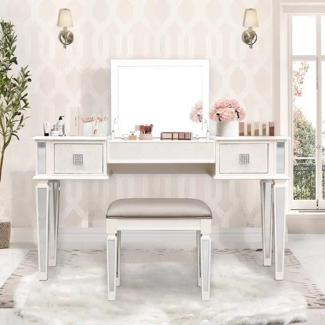 Alt view image 2 of 6 - Mirrored Vanities Desk with Drawers, Bedroom Makeup Vanity Table Set with Mirror and Stool, Flip Up Dressing Table for Bedroom/Makeup Room, Working Desk for Women, Girl Furniture Combo