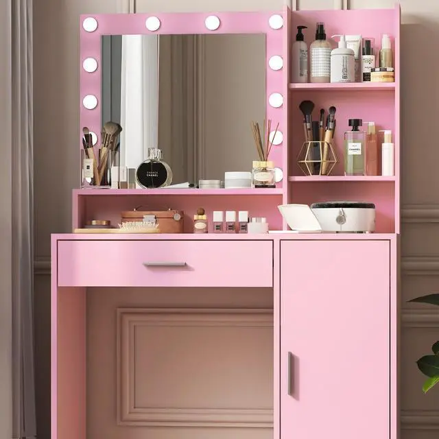 Alt view image 3 of 7 - Vanity Desk with Mirror & Light, Large Drawer Three Level Storage Dresser, 3 Lighting Modes Adjustable Brightness, Bedroom Dressing Table(Pink)
