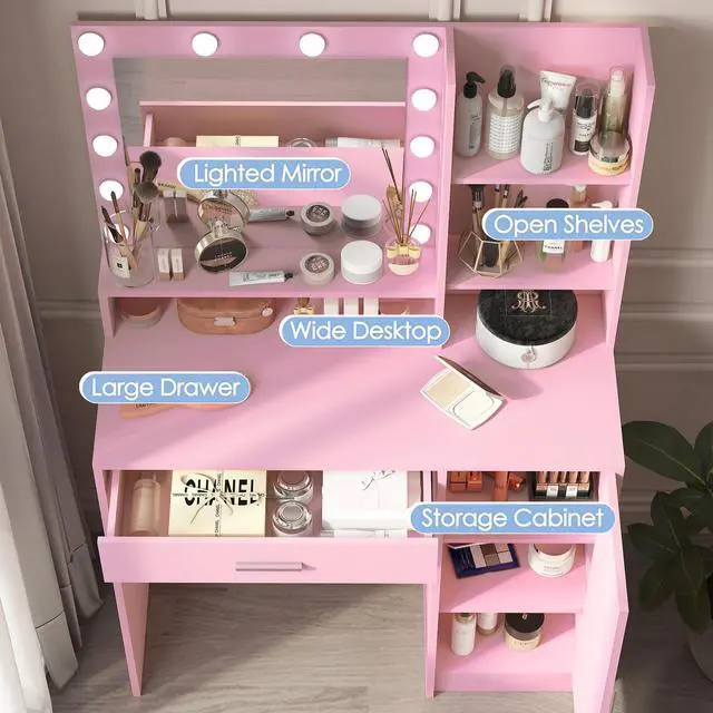 Alt view image 2 of 7 - Vanity Desk with Mirror & Light, Large Drawer Three Level Storage Dresser, 3 Lighting Modes Adjustable Brightness, Bedroom Dressing Table(Pink)