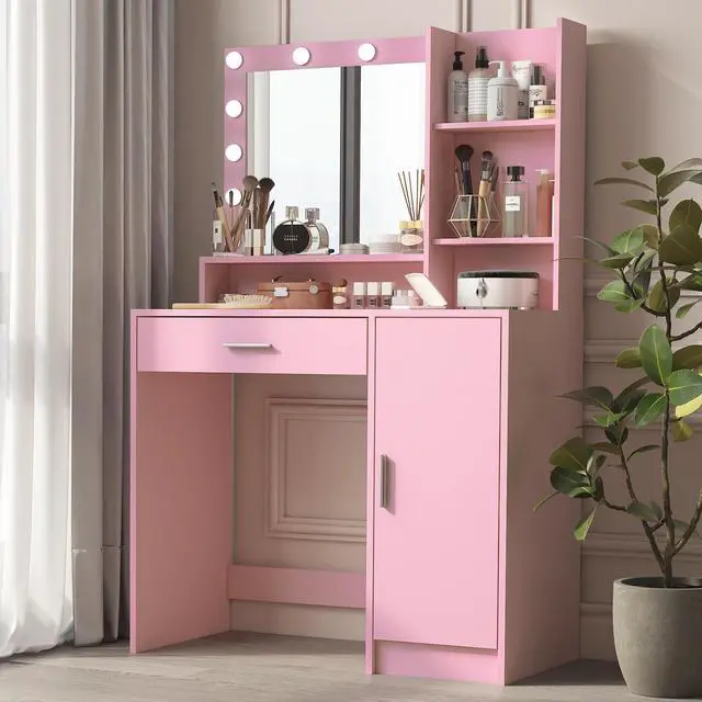 Alt view image 5 of 7 - Vanity Desk with Mirror & Light, Large Drawer Three Level Storage Dresser, 3 Lighting Modes Adjustable Brightness, Bedroom Dressing Table(Pink)