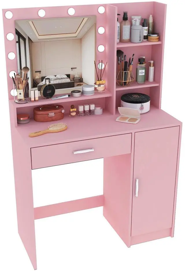 Alt view image 7 of 7 - Vanity Desk with Mirror & Light, Large Drawer Three Level Storage Dresser, 3 Lighting Modes Adjustable Brightness, Bedroom Dressing Table(Pink)