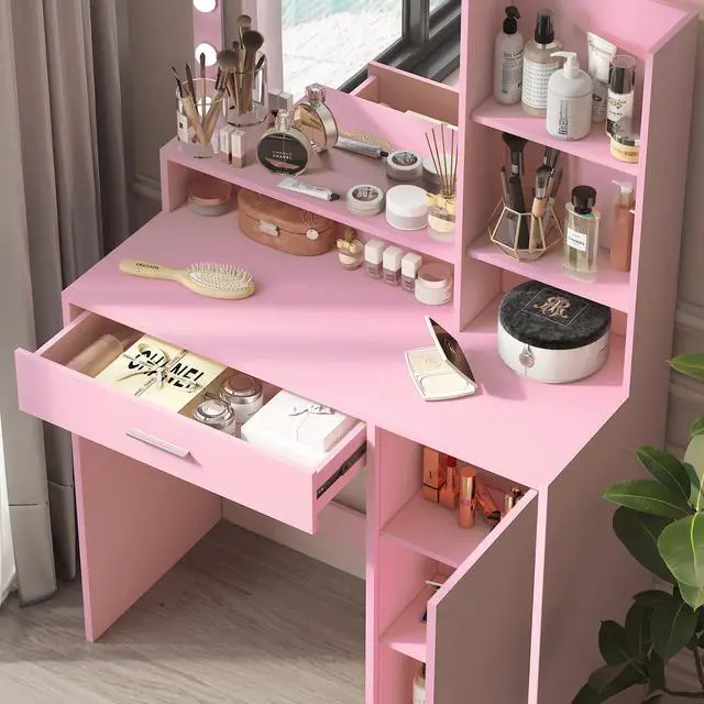 Alt view image 4 of 7 - Vanity Desk with Mirror & Light, Large Drawer Three Level Storage Dresser, 3 Lighting Modes Adjustable Brightness, Bedroom Dressing Table(Pink)