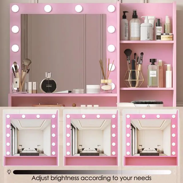 Alt view image 6 of 7 - Vanity Desk with Mirror & Light, Large Drawer Three Level Storage Dresser, 3 Lighting Modes Adjustable Brightness, Bedroom Dressing Table(Pink)