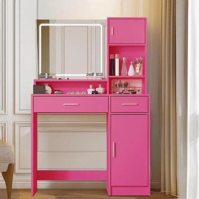 Alt view image 2 of 7 - Vanity Desk with Mirror and LED Light Strip,Dressing Table with Large Drawer, 3 Level Storage Dresser & 3 Lighting Modes Adjustable Brightness, Suitable for Bedroom(Rose Pink)