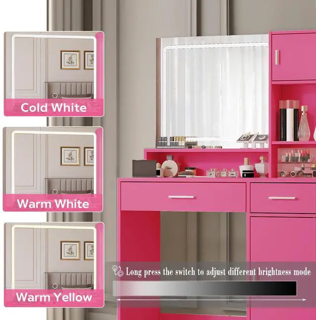 Alt view image 3 of 7 - Vanity Desk with Mirror and LED Light Strip,Dressing Table with Large Drawer, 3 Level Storage Dresser & 3 Lighting Modes Adjustable Brightness, Suitable for Bedroom(Rose Pink)