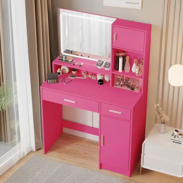 Alt view image 4 of 7 - Vanity Desk with Mirror and LED Light Strip,Dressing Table with Large Drawer, 3 Level Storage Dresser & 3 Lighting Modes Adjustable Brightness, Suitable for Bedroom(Rose Pink)