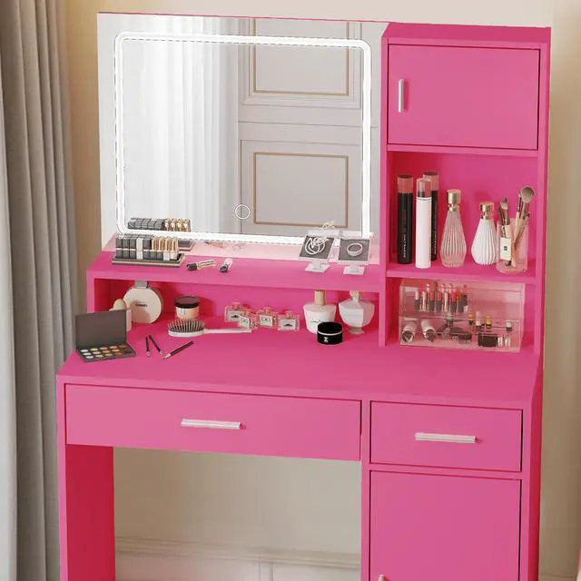 Alt view image 6 of 7 - Vanity Desk with Mirror and LED Light Strip,Dressing Table with Large Drawer, 3 Level Storage Dresser & 3 Lighting Modes Adjustable Brightness, Suitable for Bedroom(Rose Pink)