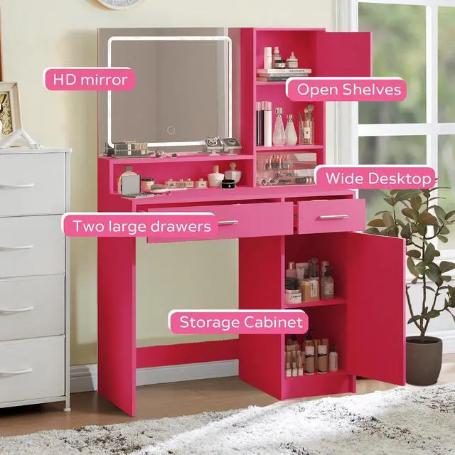 Alt view image 5 of 7 - Vanity Desk with Mirror and LED Light Strip,Dressing Table with Large Drawer, 3 Level Storage Dresser & 3 Lighting Modes Adjustable Brightness, Suitable for Bedroom(Rose Pink)