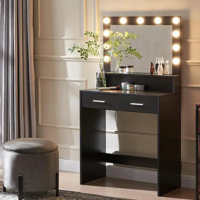 Alt view image 3 of 7 - Vanity Desk with Mirror and Lights, Dressing Table with Large Drawer, 2 Level Storage Dresser & 3 Lighting Modes Adjustable Brightness, Suitable for Bedroom(Black)