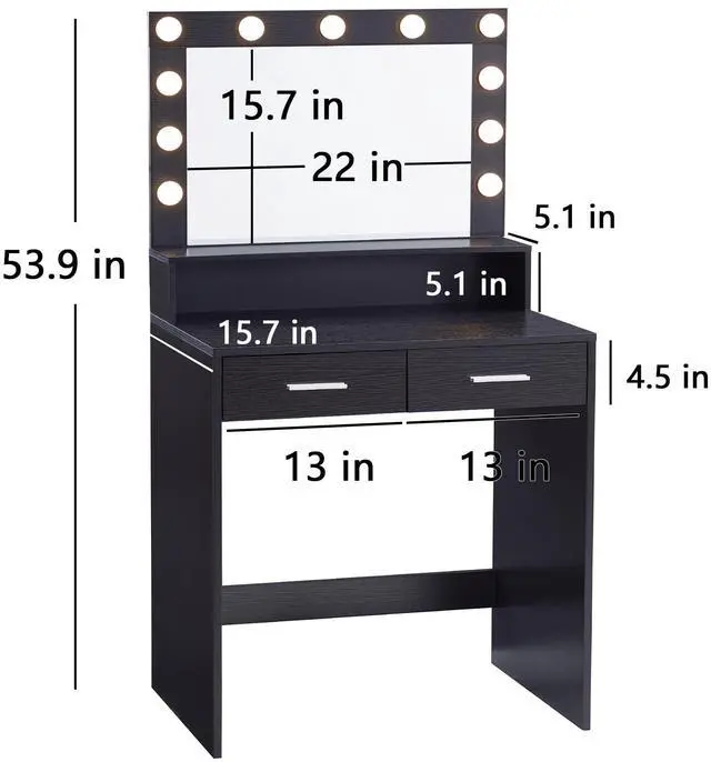 Alt view image 2 of 7 - Vanity Desk with Mirror and Lights, Dressing Table with Large Drawer, 2 Level Storage Dresser & 3 Lighting Modes Adjustable Brightness, Suitable for Bedroom(Black)