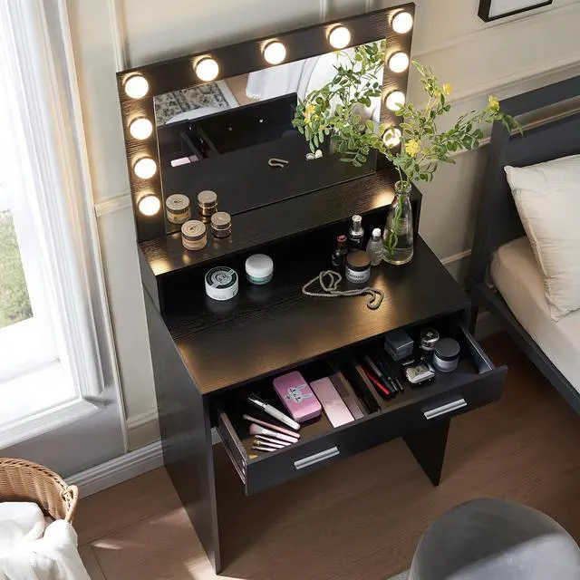 Alt view image 4 of 7 - Vanity Desk with Mirror and Lights, Dressing Table with Large Drawer, 2 Level Storage Dresser & 3 Lighting Modes Adjustable Brightness, Suitable for Bedroom(Black)