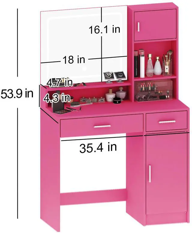 Alt view image 7 of 7 - Vanity Desk with Mirror and LED Light Strip,Dressing Table with Large Drawer, 3 Level Storage Dresser & 3 Lighting Modes Adjustable Brightness, Suitable for Bedroom(Rose Pink)