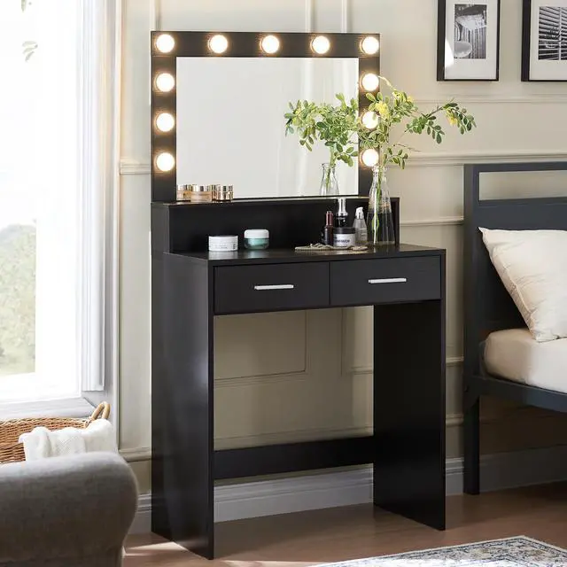 Alt view image 5 of 7 - Vanity Desk with Mirror and Lights, Dressing Table with Large Drawer, 2 Level Storage Dresser & 3 Lighting Modes Adjustable Brightness, Suitable for Bedroom(Black)