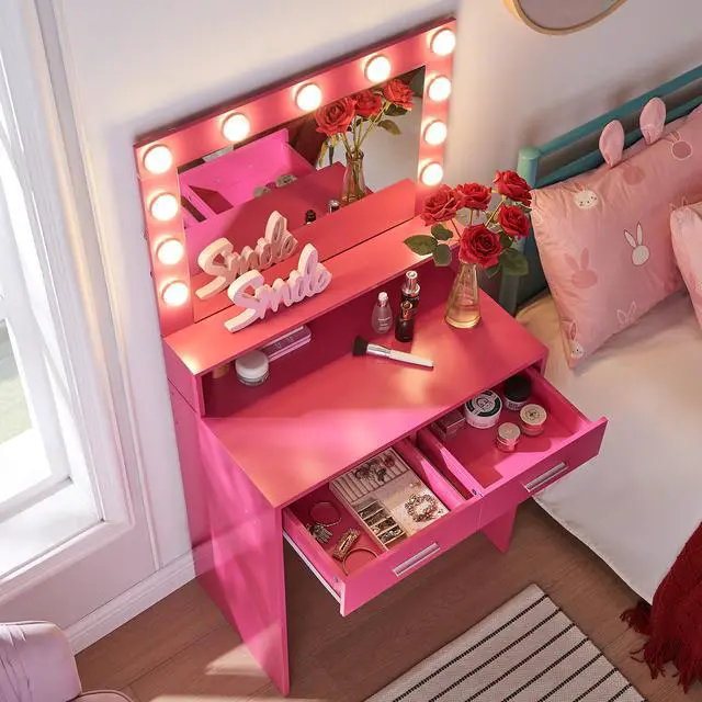 Alt view image 2 of 5 - Vanity Desk with Mirror and Lights, Dressing Table with Large Drawer, 2 Level Storage Dresser & 3 Lighting Modes Adjustable Brightness, Suitable for Bedroom(Rose Pink)