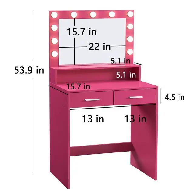 Alt view image 5 of 5 - Vanity Desk with Mirror and Lights, Dressing Table with Large Drawer, 2 Level Storage Dresser & 3 Lighting Modes Adjustable Brightness, Suitable for Bedroom(Rose Pink)