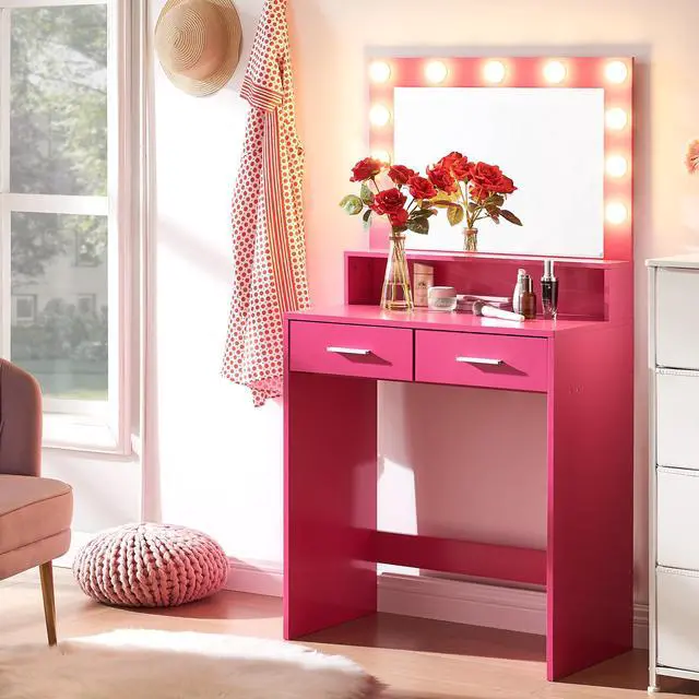 Alt view image 3 of 5 - Vanity Desk with Mirror and Lights, Dressing Table with Large Drawer, 2 Level Storage Dresser & 3 Lighting Modes Adjustable Brightness, Suitable for Bedroom(Rose Pink)