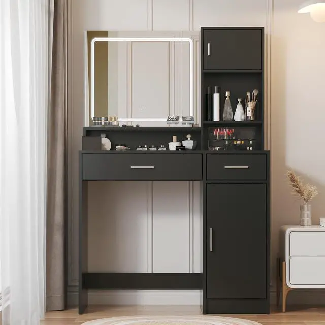 Alt view image 2 of 7 - Vanity Desk with Mirror and LED Light Strip,Dressing Table with Large Drawer, 3 Level Storage Dresser & 3 Lighting Modes Adjustable Brightness, Suitable for Bedroom(Black)