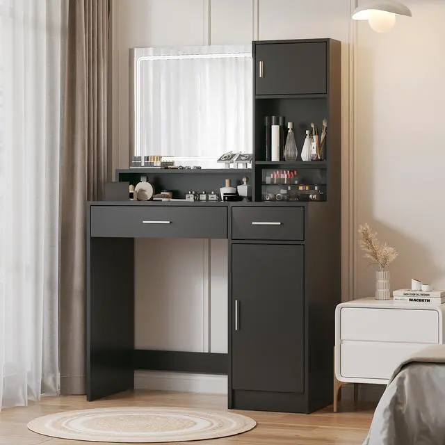 Main image of Vanity Desk with Mirror and LED Light Strip,Dressing Table with Large Drawer, 3 Level Storage Dresser & 3 Lighting Modes Adjustable Brightness, Suitable for Bedroom(Black)