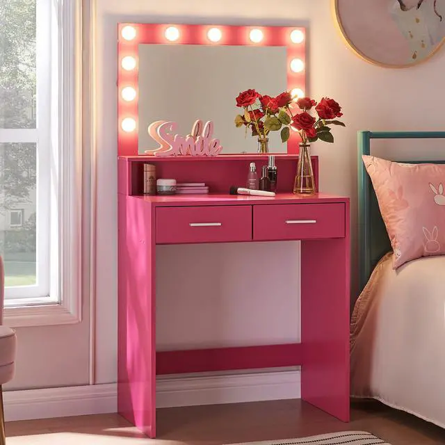 Alt view image 4 of 5 - Vanity Desk with Mirror and Lights, Dressing Table with Large Drawer, 2 Level Storage Dresser & 3 Lighting Modes Adjustable Brightness, Suitable for Bedroom(Rose Pink)