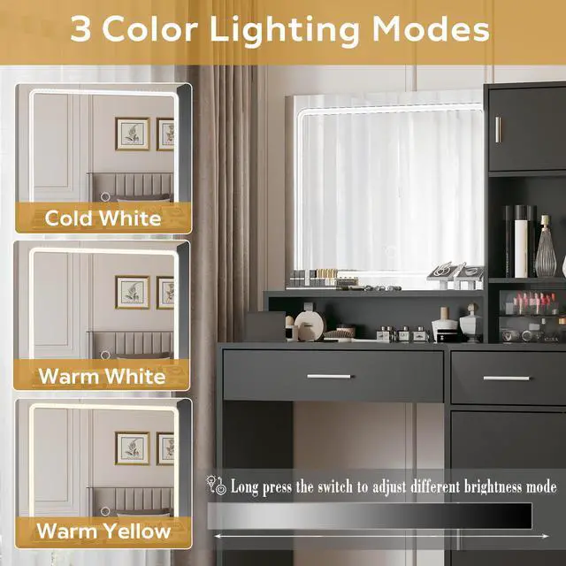 Alt view image 4 of 7 - Vanity Desk with Mirror and LED Light Strip,Dressing Table with Large Drawer, 3 Level Storage Dresser & 3 Lighting Modes Adjustable Brightness, Suitable for Bedroom(Black)