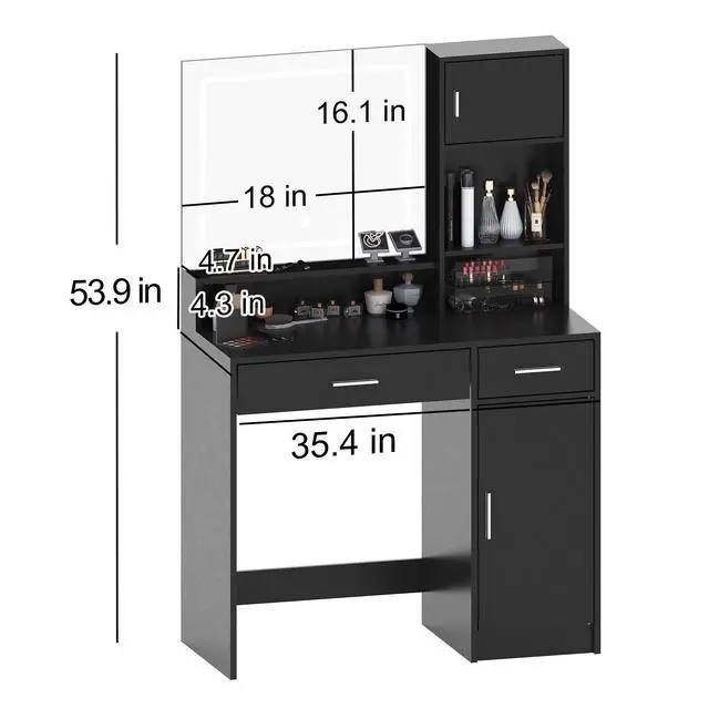Alt view image 7 of 7 - Vanity Desk with Mirror and LED Light Strip,Dressing Table with Large Drawer, 3 Level Storage Dresser & 3 Lighting Modes Adjustable Brightness, Suitable for Bedroom(Black)