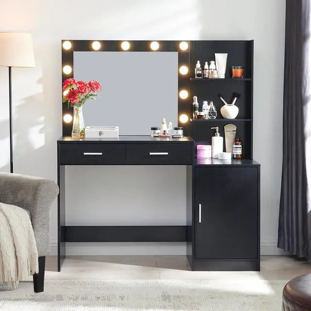Alt view image 2 of 6 - Vanity Desk with Mirror and Lights, 46.4IN Dressing Table with 2 Large Drawer&Large Vertical Organizer, 3 Level Dresser & 3 Lighting Modes Adjustable Brightness, Suitable for Bedroom(Black)