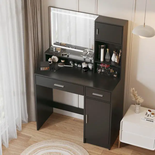 Alt view image 5 of 7 - Vanity Desk with Mirror and LED Light Strip,Dressing Table with Large Drawer, 3 Level Storage Dresser & 3 Lighting Modes Adjustable Brightness, Suitable for Bedroom(Black)