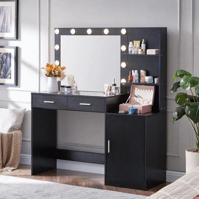 Alt view image 4 of 6 - Vanity Desk with Mirror and Lights, 46.4IN Dressing Table with 2 Large Drawer&Large Vertical Organizer, 3 Level Dresser & 3 Lighting Modes Adjustable Brightness, Suitable for Bedroom(Black)