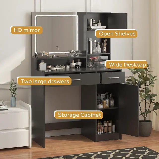 Alt view image 6 of 7 - Vanity Desk with Mirror and LED Light Strip,Dressing Table with Large Drawer, 3 Level Storage Dresser & 3 Lighting Modes Adjustable Brightness, Suitable for Bedroom(Black)
