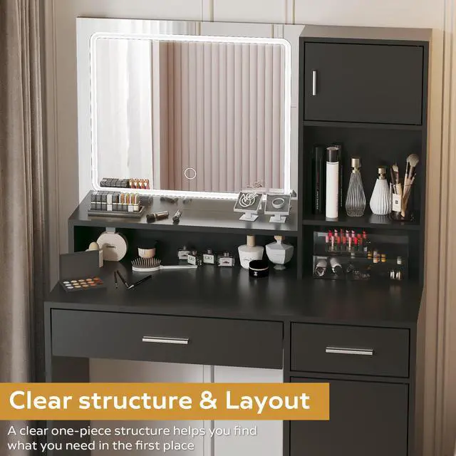 Alt view image 3 of 7 - Vanity Desk with Mirror and LED Light Strip,Dressing Table with Large Drawer, 3 Level Storage Dresser & 3 Lighting Modes Adjustable Brightness, Suitable for Bedroom(Black)