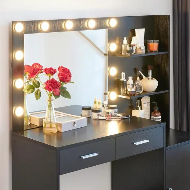 Alt view image 5 of 6 - Vanity Desk with Mirror and Lights, 46.4IN Dressing Table with 2 Large Drawer&Large Vertical Organizer, 3 Level Dresser & 3 Lighting Modes Adjustable Brightness, Suitable for Bedroom(Black)