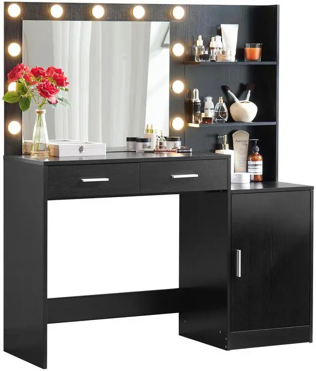 Main image of Vanity Desk with Mirror and Lights, 46.4IN Dressing Table with 2 Large Drawer&Large Vertical Organizer, 3 Level Dresser & 3 Lighting Modes Adjustable Brightness, Suitable for Bedroom(Black)