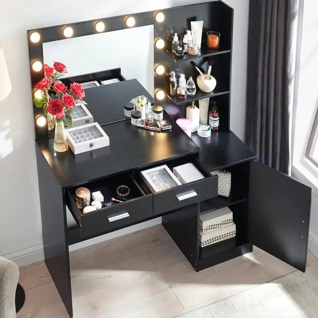 Alt view image 6 of 6 - Vanity Desk with Mirror and Lights, 46.4IN Dressing Table with 2 Large Drawer&Large Vertical Organizer, 3 Level Dresser & 3 Lighting Modes Adjustable Brightness, Suitable for Bedroom(Black)