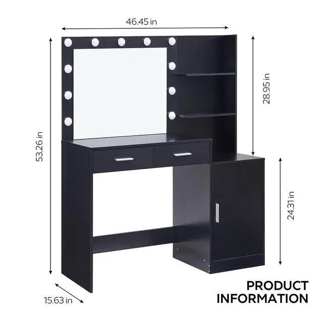 Alt view image 3 of 6 - Vanity Desk with Mirror and Lights, 46.4IN Dressing Table with 2 Large Drawer&Large Vertical Organizer, 3 Level Dresser & 3 Lighting Modes Adjustable Brightness, Suitable for Bedroom(Black)
