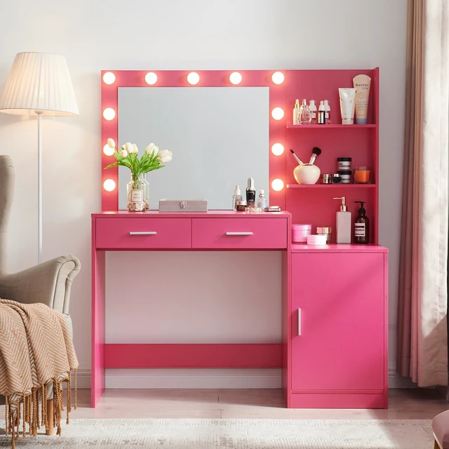 Alt view image 2 of 5 - Vanity Desk with Mirror and Lights, 46.4IN Dressing Table with 2 Large Drawer&Large Vertical Organizer, 3 Level Dresser & 3 Lighting Modes Adjustable Brightness, Suitable for Bedroom(Rose Pink)