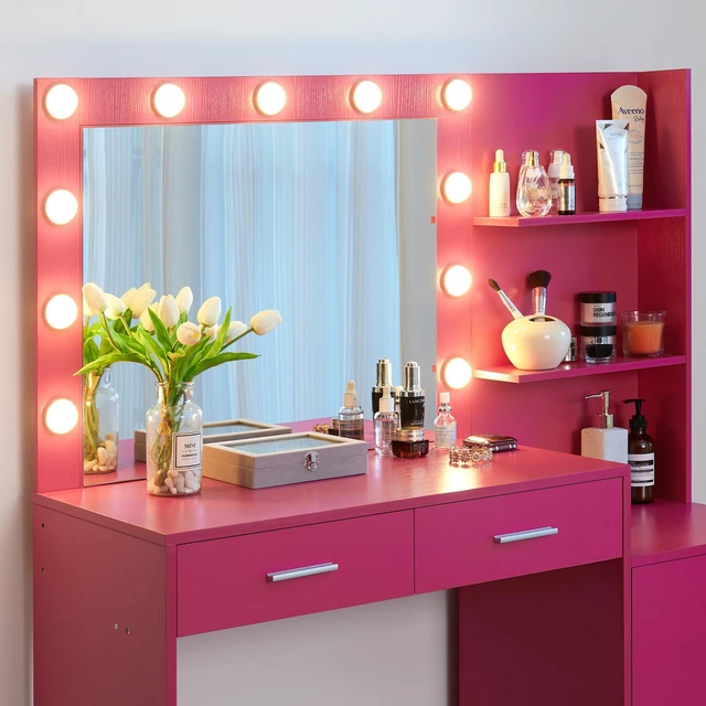 Alt view image 4 of 5 - Vanity Desk with Mirror and Lights, 46.4IN Dressing Table with 2 Large Drawer&Large Vertical Organizer, 3 Level Dresser & 3 Lighting Modes Adjustable Brightness, Suitable for Bedroom(Rose Pink)