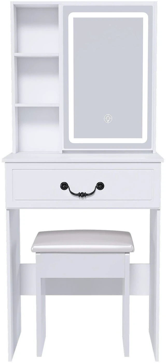 Main image of Modern Mini Dressing Table with LED-lit Mirror & Hidden Storage,Includes Padded Stool,Adjustable Brightness Vanity Desk,Multi-tier Dust-proof Shelves,White