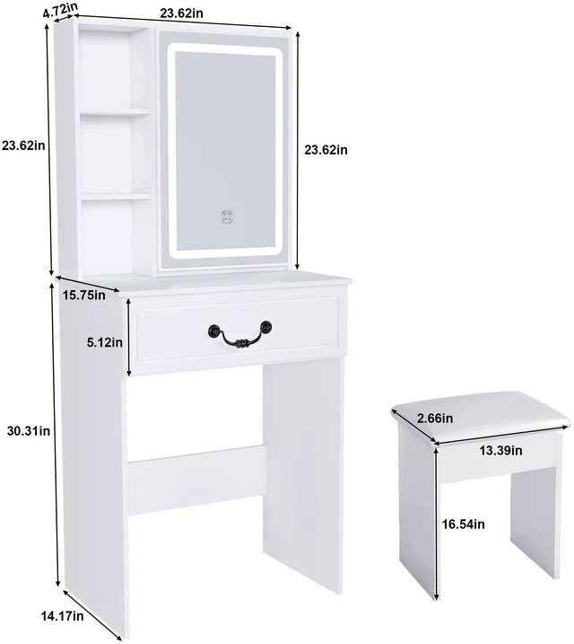 Alt view image 3 of 7 - Modern Mini Dressing Table with LED-lit Mirror & Hidden Storage,Includes Padded Stool,Adjustable Brightness Vanity Desk,Multi-tier Dust-proof Shelves,White