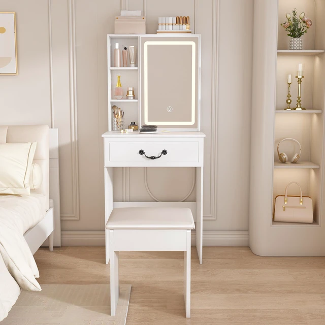 Alt view image 2 of 7 - Modern Mini Dressing Table with LED-lit Mirror & Hidden Storage,Includes Padded Stool,Adjustable Brightness Vanity Desk,Multi-tier Dust-proof Shelves,White