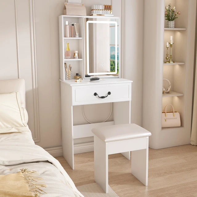 Alt view image 4 of 7 - Modern Mini Dressing Table with LED-lit Mirror & Hidden Storage,Includes Padded Stool,Adjustable Brightness Vanity Desk,Multi-tier Dust-proof Shelves,White