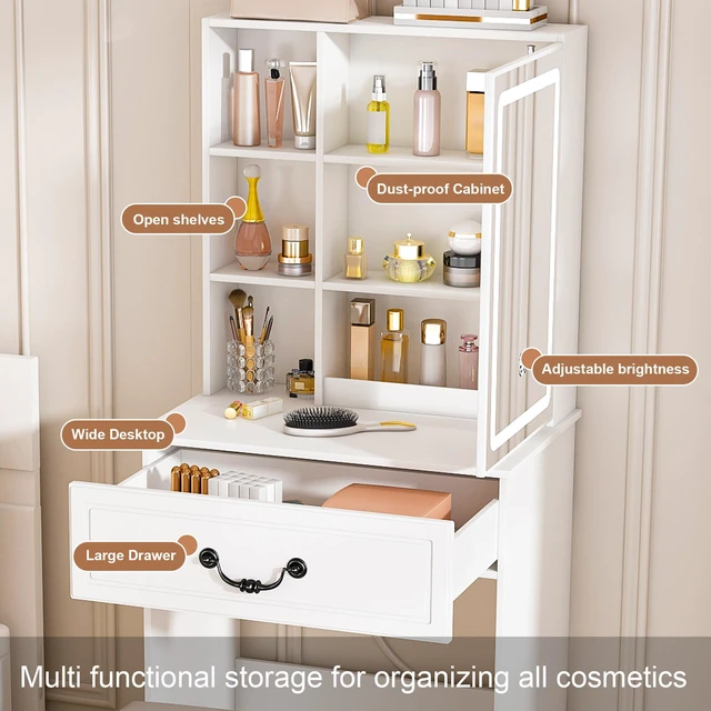 Alt view image 5 of 7 - Modern Mini Dressing Table with LED-lit Mirror & Hidden Storage,Includes Padded Stool,Adjustable Brightness Vanity Desk,Multi-tier Dust-proof Shelves,White