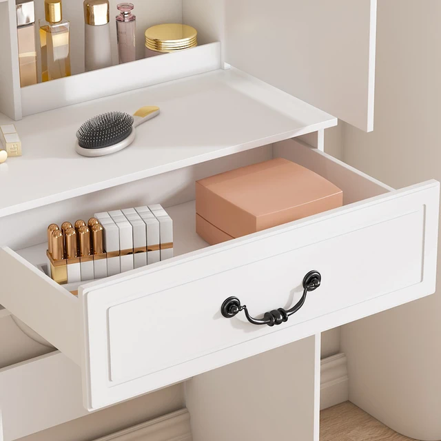 Alt view image 7 of 7 - Modern Mini Dressing Table with LED-lit Mirror & Hidden Storage,Includes Padded Stool,Adjustable Brightness Vanity Desk,Multi-tier Dust-proof Shelves,White
