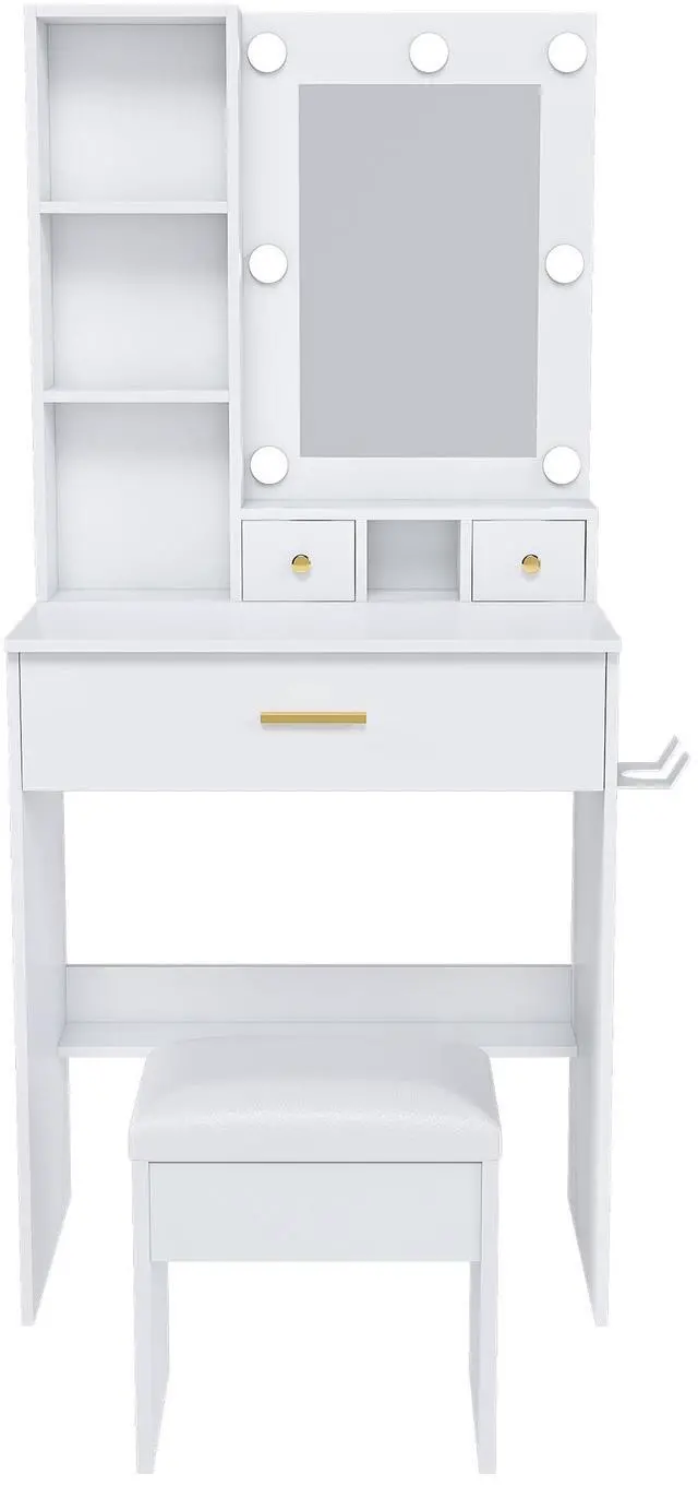 Main image of Vanity Table with Mirror & Adjustable LED Lights, Power Outlet, Hairdryer Holder & Stool Compact Dressing Desk for Small Bedrooms(White)